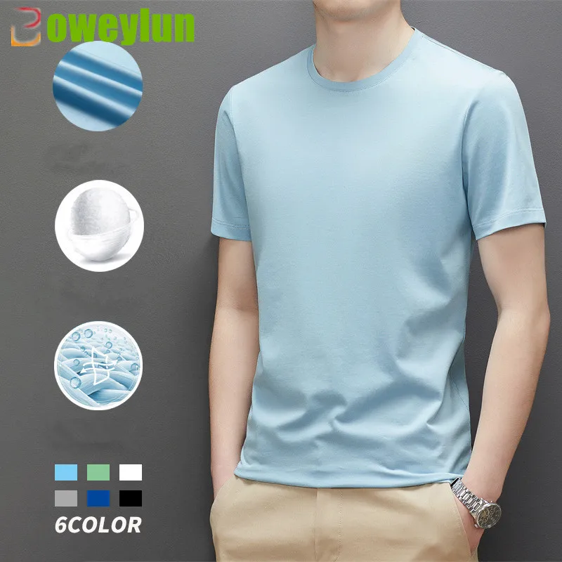 

Boweylun Mulberry Silk T-shirt Men's Skin-friendly Breathable Mercerized Cotton Solid Quick Dry Round Neck Short Sleeve 558