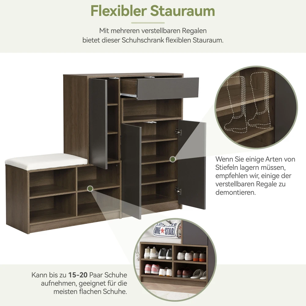 PINGGO Schuhaufbewahrungsschrank, Schuhschrank mit gepolstertem Sitz, verstellbare Regale, vielseitige multifunktionale Schuhaufbewahrung für den Flur – Detail 10