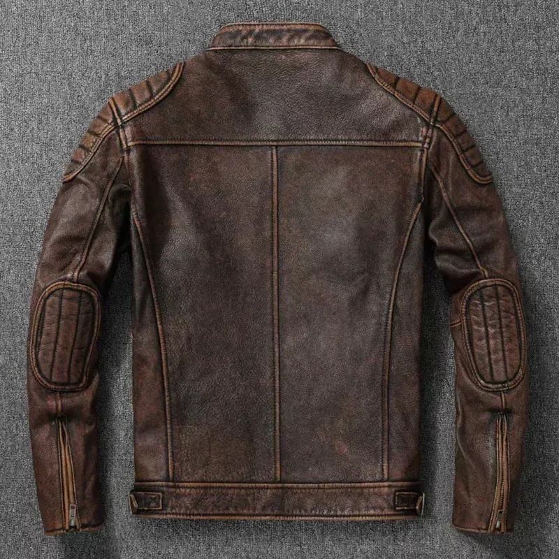 Vintage Real Cowhide Leather Jacket for Men Motorcycle