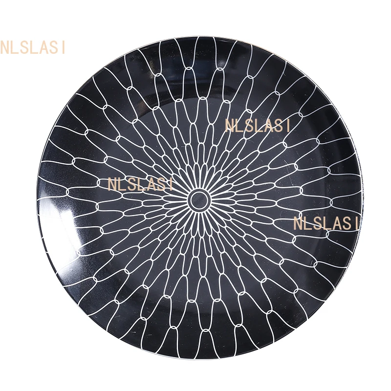 1pcs Ceramic Western Cuisine Plate Black and White Line Pasta Dish Modern Style Underglaze Color Circular Flat Plate Kitchenware