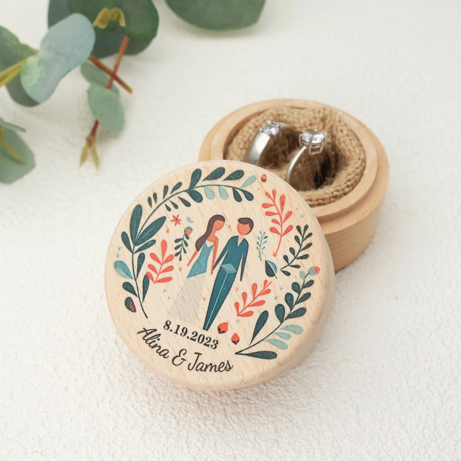 Personalized Wedding Ring Box With Engraved Name and Date,Rustic Wooden