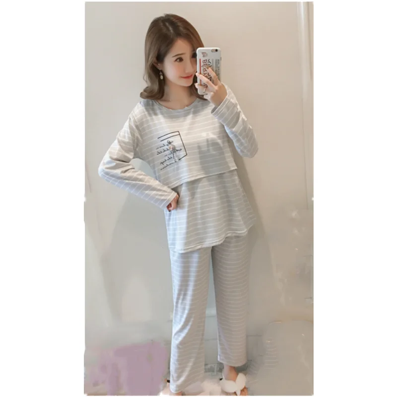 Breastfeeding Maternity Women Nightgown Spring Long Sleeve Top+Pant 2pcs Nursing Pajama For Pregnancy Women Sleepwear B0021 Cotton Pajama Set Breastfeeding Nightgown Maternity Nightgown Set