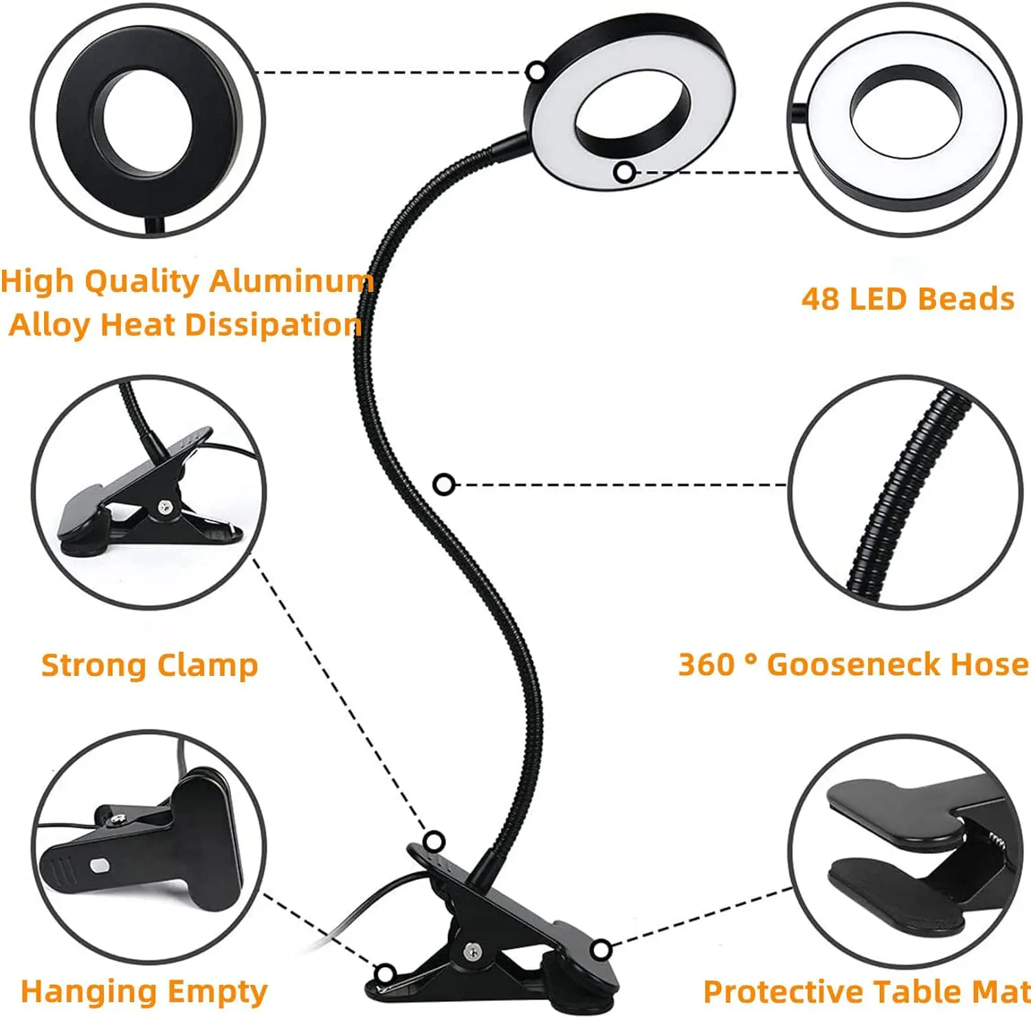 48 LEDs Clip on Desk Lamp 360&deg;Flexible Gooseneck Reading Table Light Eye-Caring USB Clamp Books Night Light Study Read