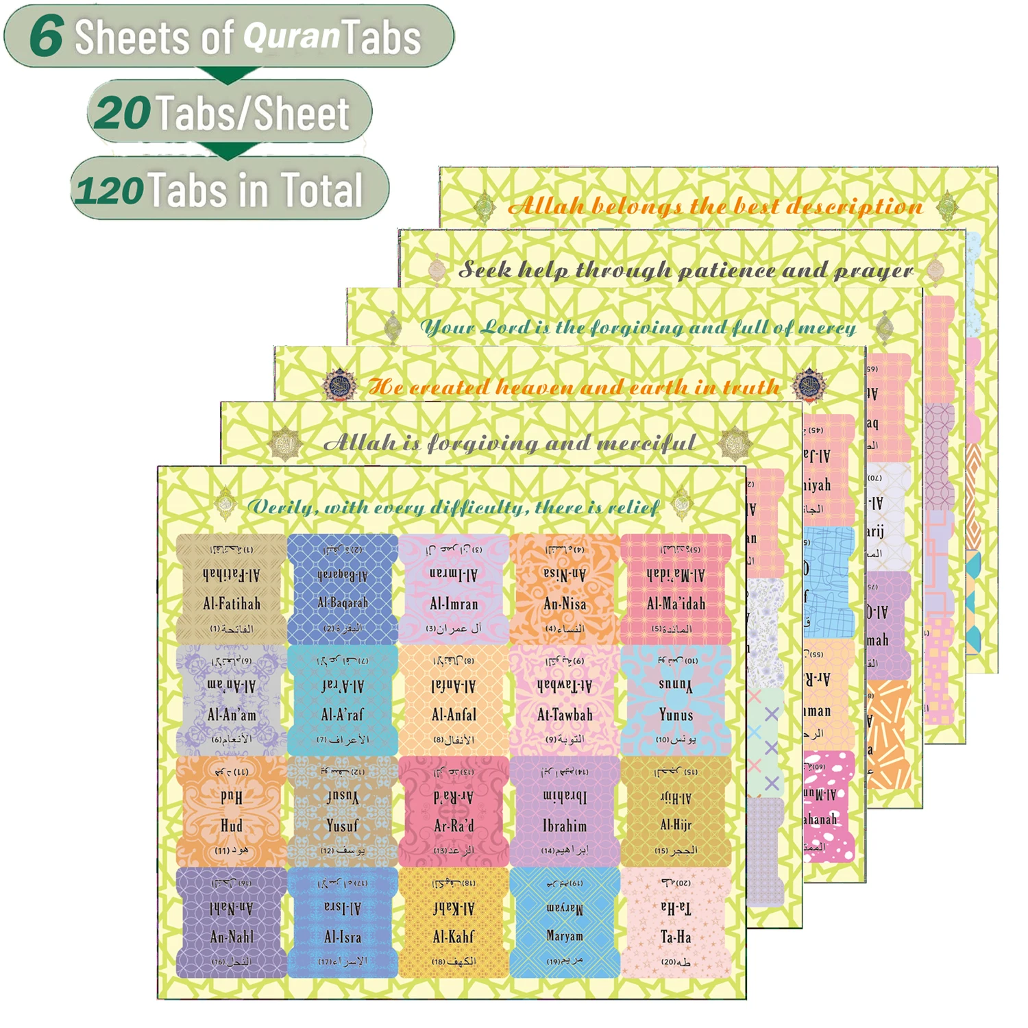 Self-Adhesive Tear-Resistant Holy Book Tabs with Islamic Designs - English & Arabic Surah Organizer Labels
