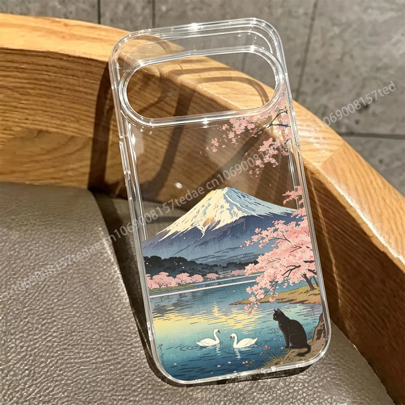Mount Fuji Scenery Black Cat Clear Phone Case