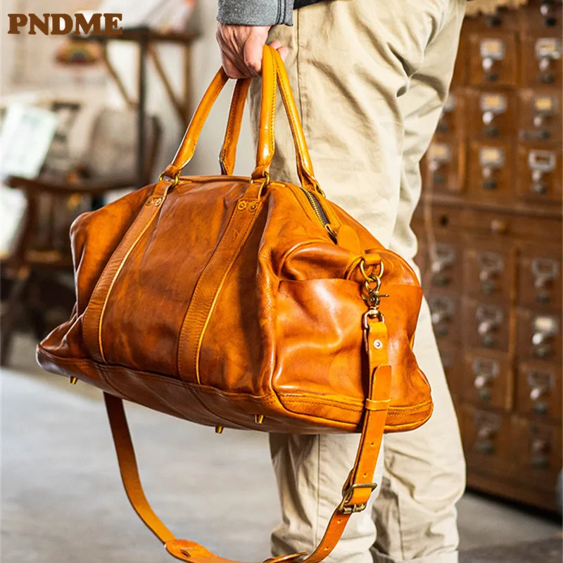 Fashion vintage luxury natural genuine leather men\'s large-capacity travel bag organizer handmade first layer cowhide handbags