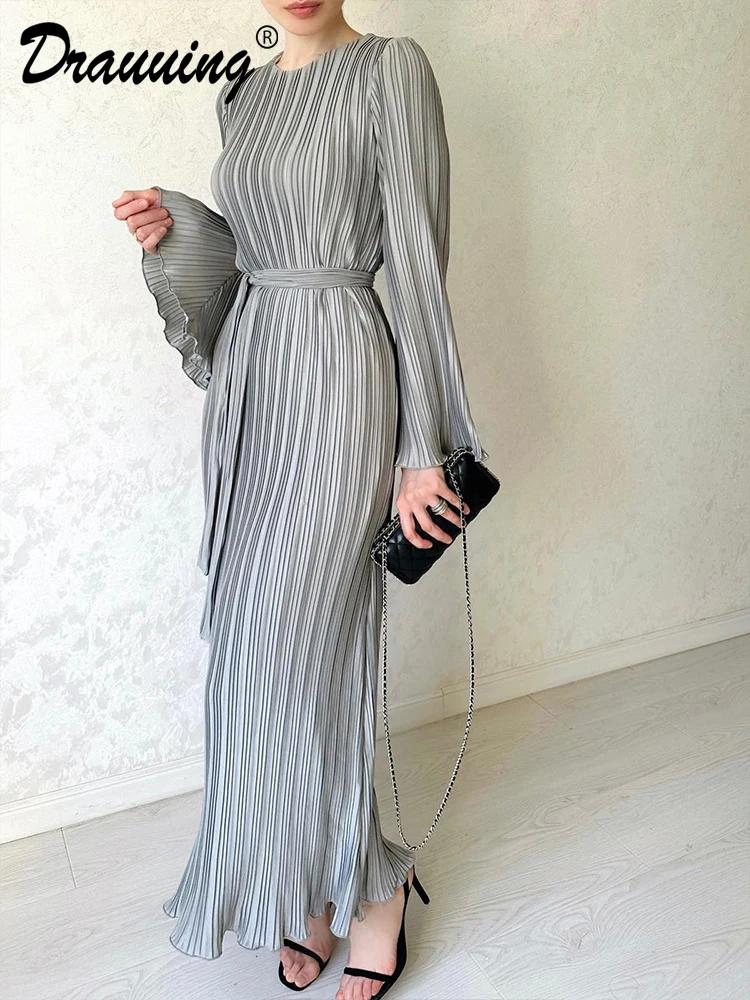 

D​rauuing Flare Sleeve Maxi Dress Women Long Dress Lace-up Slim Dress Female Solid Fold Ruffled Party Dress Autumn New