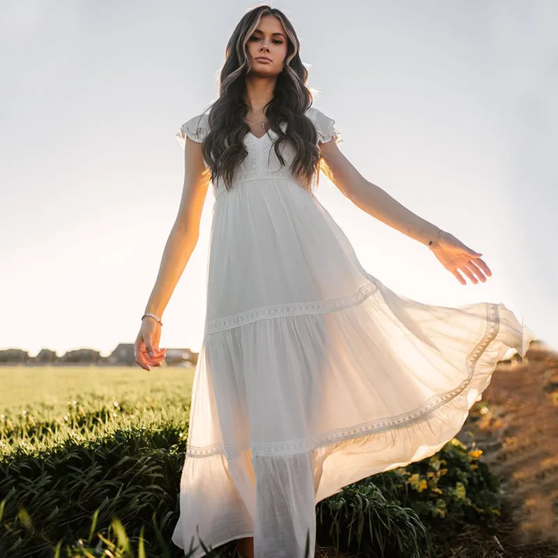 

AYUALIN Beach Wear Deep V White Lace Summer Dresses 2022 Casual Party Vestidos Boho Ruffles Short Sleeve Long Dress for Women