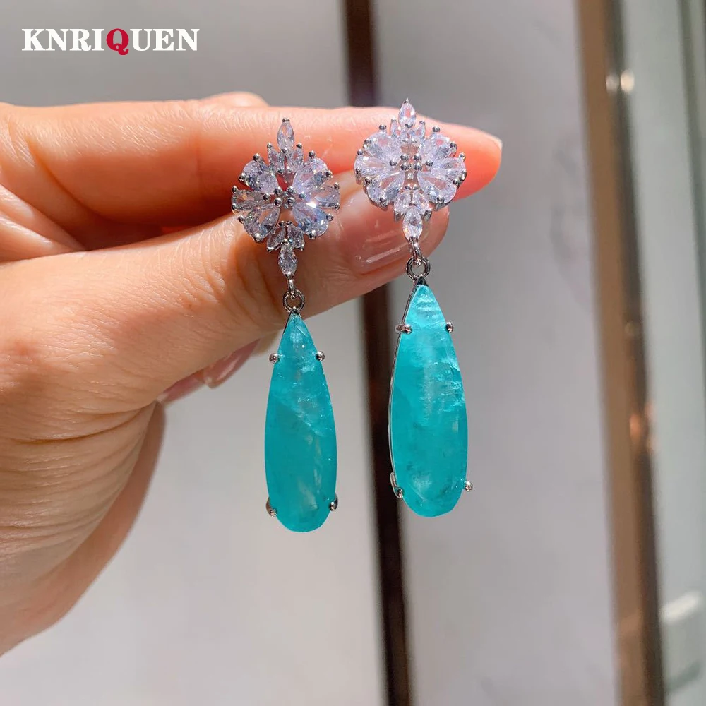Orecchini Pendenti Con Pietre Preziose Di Tormalina Paraiba A Forma Di Goccia Vintage 10*30Mm Per Le Donne Lab Diamond Cocktail Fine Jewelry Regalo Di