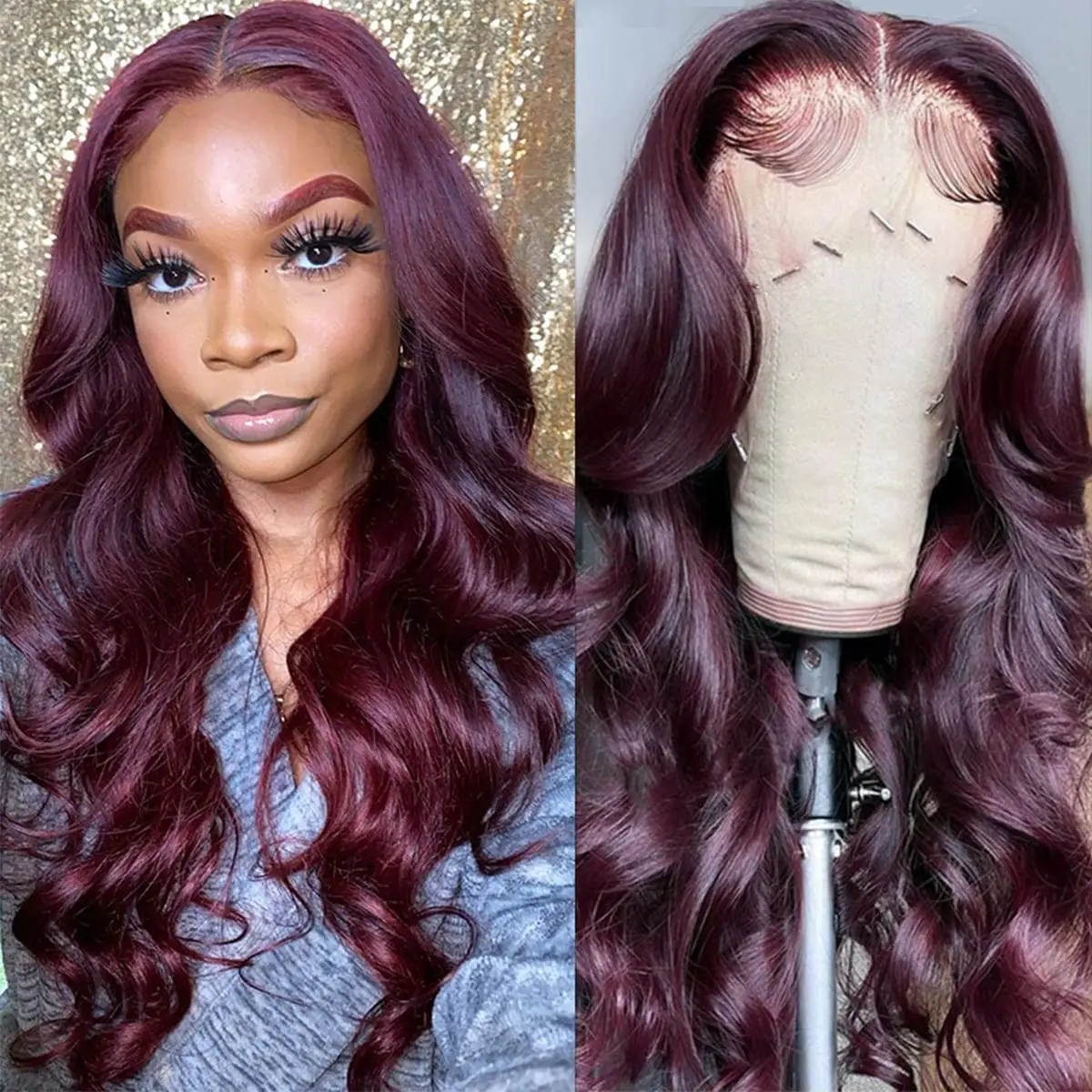 Dark Burgundy Lace Front Wigs Synthetic Glueless 13X4 Deep Purple Body Wave Lace Front Wigs for Black Women 180% Density Wigs