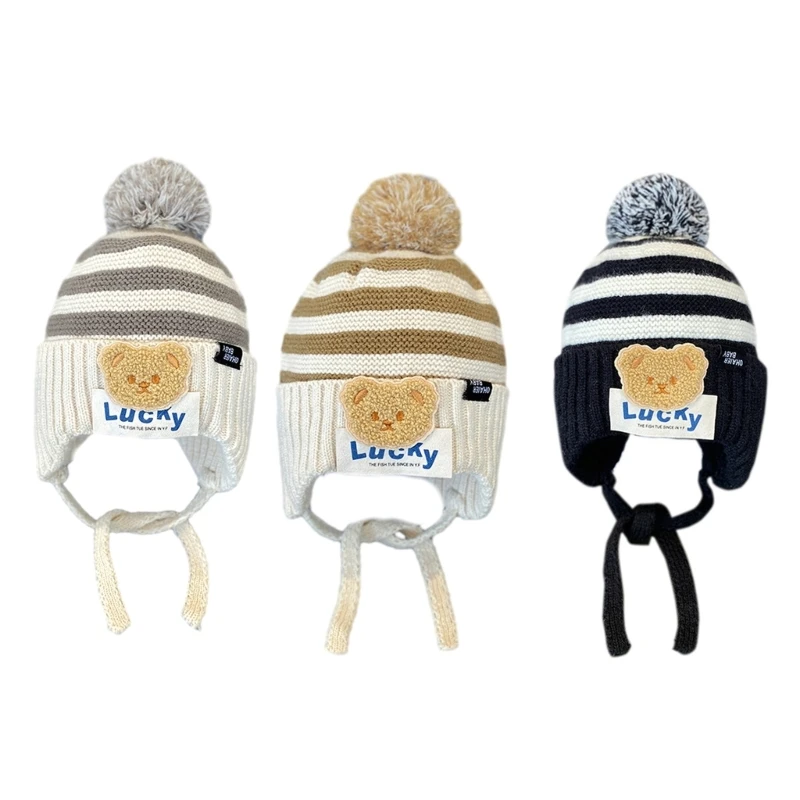 

Полосатая шапка Lucky Bear, детская стильная теплая шапка-бини, защита ушей, капот с ремешком на подбородке для мальчиков и