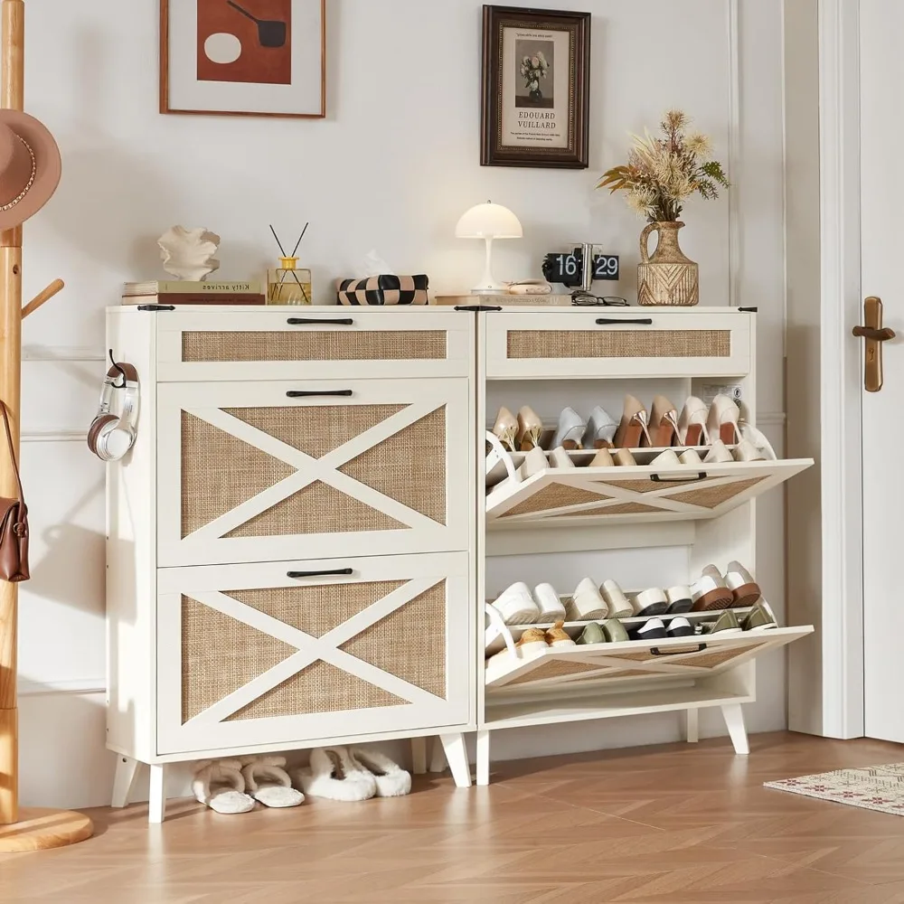 shoe storage cabinet for entryway with 2 rattan flip drawers, boho narrow shoe cabinets for 16-20 pairs shoes with large drawer