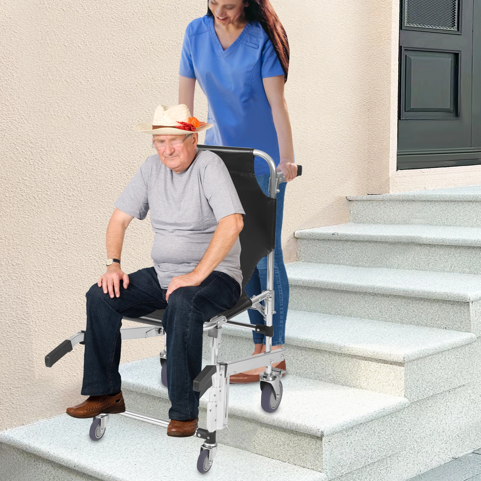 Black Emergency Stair Climbing Wheelchair, 160kg Max. Capacity, Transport Chair for Safe and Reliable Load-bearing, 45*58*93cm