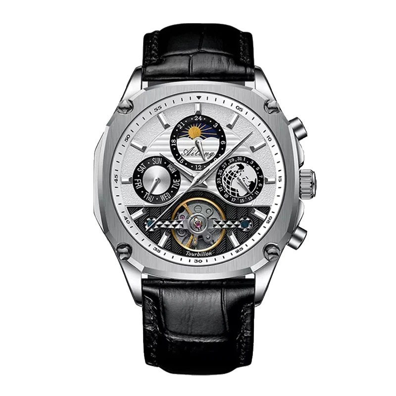 AILANG Orologio meccanico da uomo con tourbillon scheletrato, automatico, di lusso, in acciaio inossidabile, con fasi lunari, orologio da polso Relogio Masculino_voghion.com