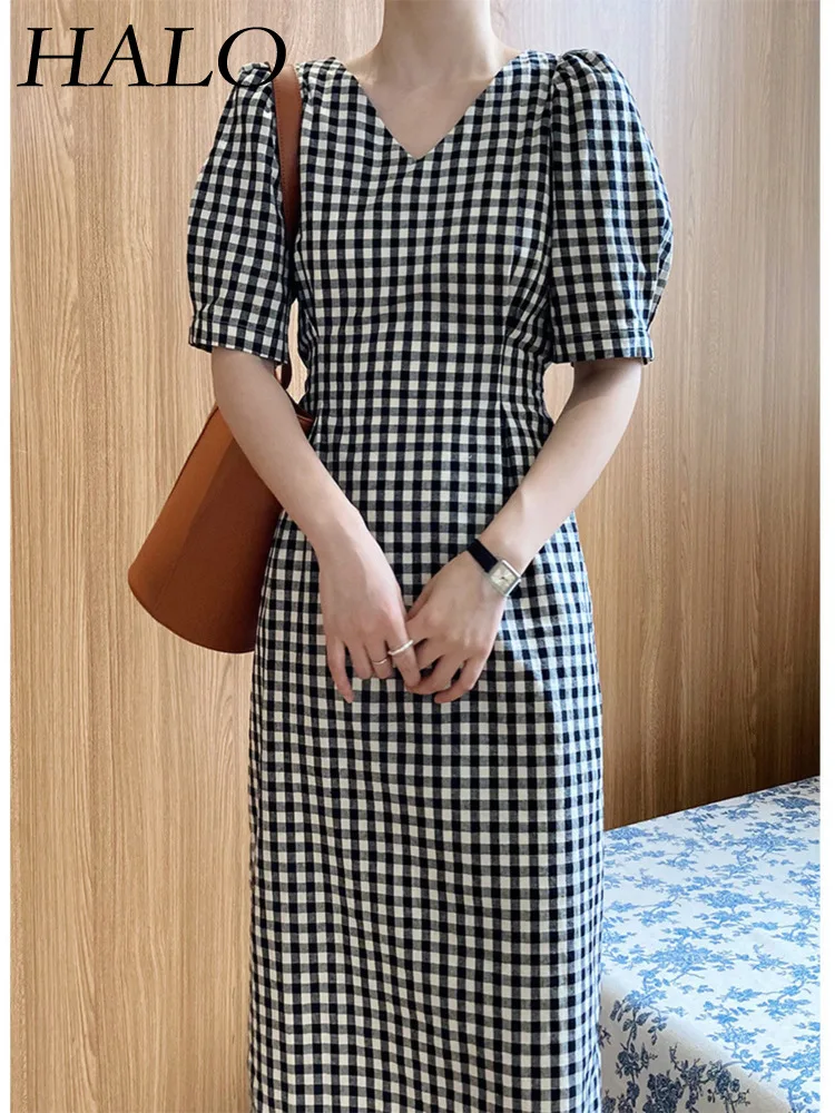 

HALO Retro Cotton and Hemp Black and White Plaid Dress for Women's 2024 Spring Summer New Waist Tight and Light Mature Style