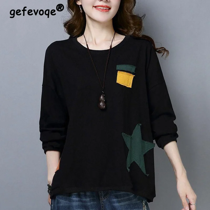 

2023 New Spring Autumn Women's Vintage Patch Long Sleeve Loose Cotton Tees T-shirts Casual Round Neck Top Female Clothing M-5XL