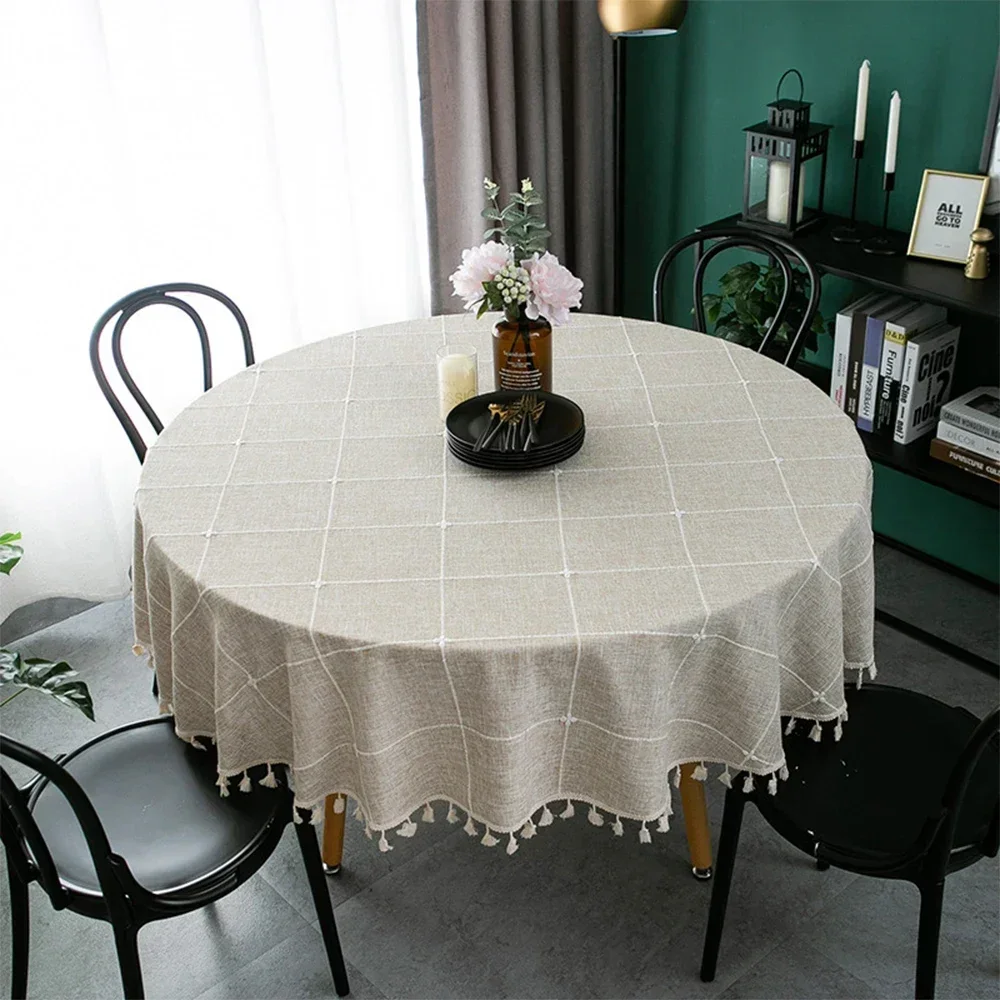 

Table Cloth Round Elegant Tablecloths Plaid Cotton Linen with Tassel Table Cover Wedding for Modern Coffee Dining Events Tables