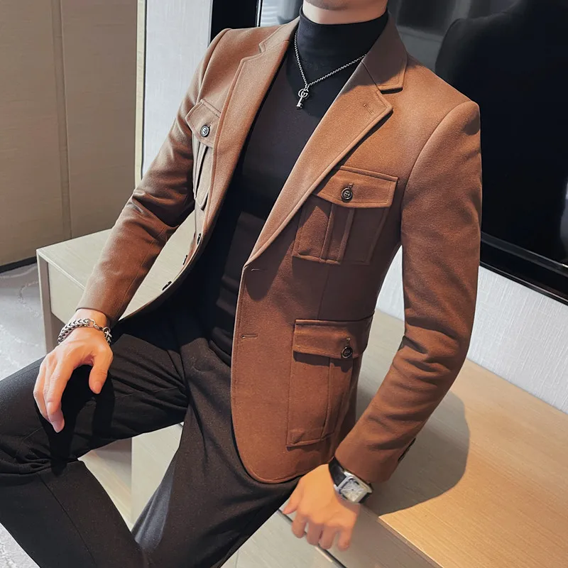 

Men Keep Warm Winter Woolen Cloth Suit Jackets/Male Slim Fit High Quality Business Woolen Blazers/Man Pocket Decoration Tuxedo