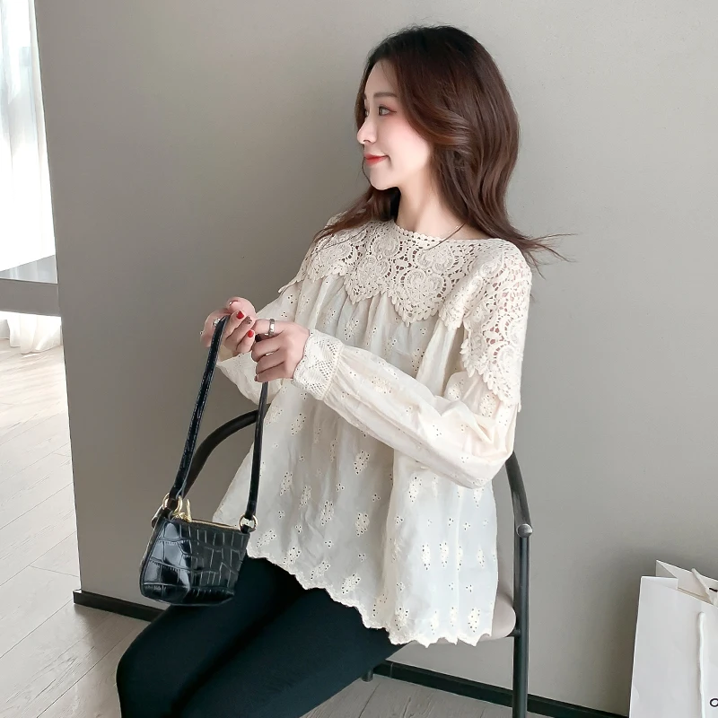 

Pregnant Women Cotton Lace Blouse Sweet Long Sleeve Hollow Out O-Neck Floral Embroidery Shirts Maternity Sweet Tops Wholesale