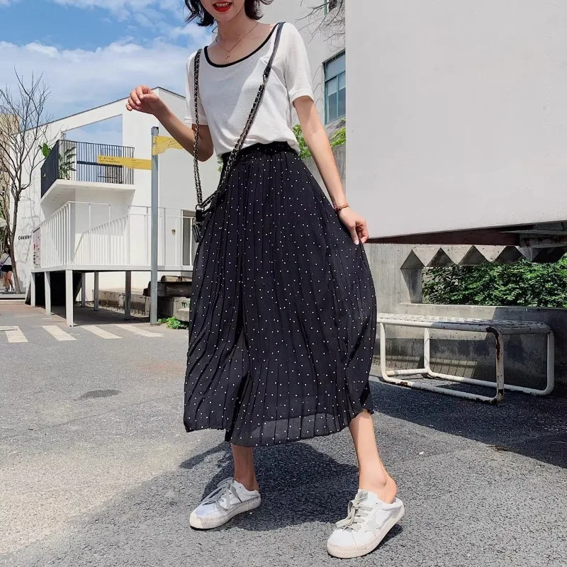 Women's Spring Summer Solid Polka Dot Shirring Wide Leg Casual Loose Elastic High Waisted Sports Trousers Office Lady Pants