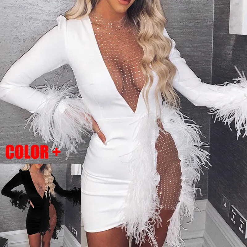 

VOLALO V Neck Feather Diamond Sexy Dress White Black Women Long Sleeve Autumn Winter Club See Through Mini Party Dresses
