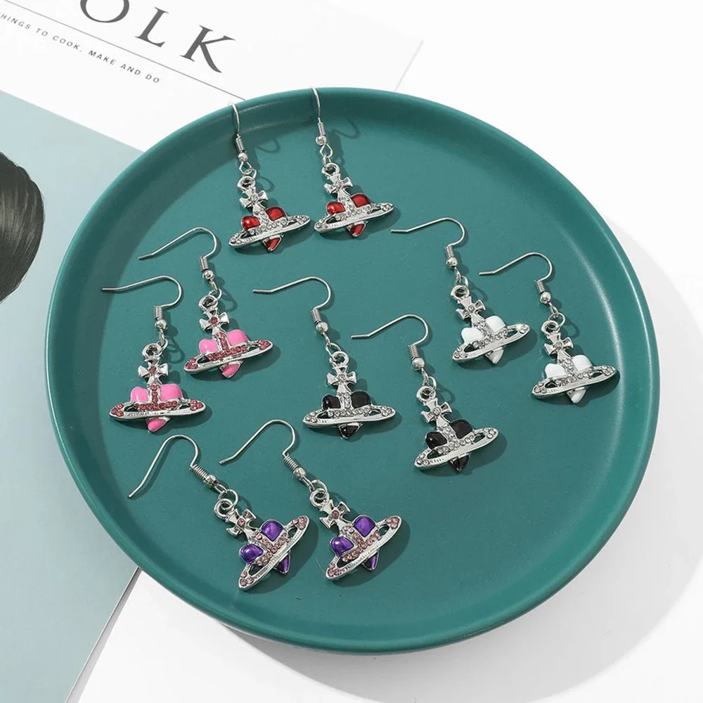 

2023 New Trend Vivienne Fashion Cross Heart Pendant Earrings for Women Jewelry Gift Pink Aesthetic Rhinestones Ear Hook Earrings