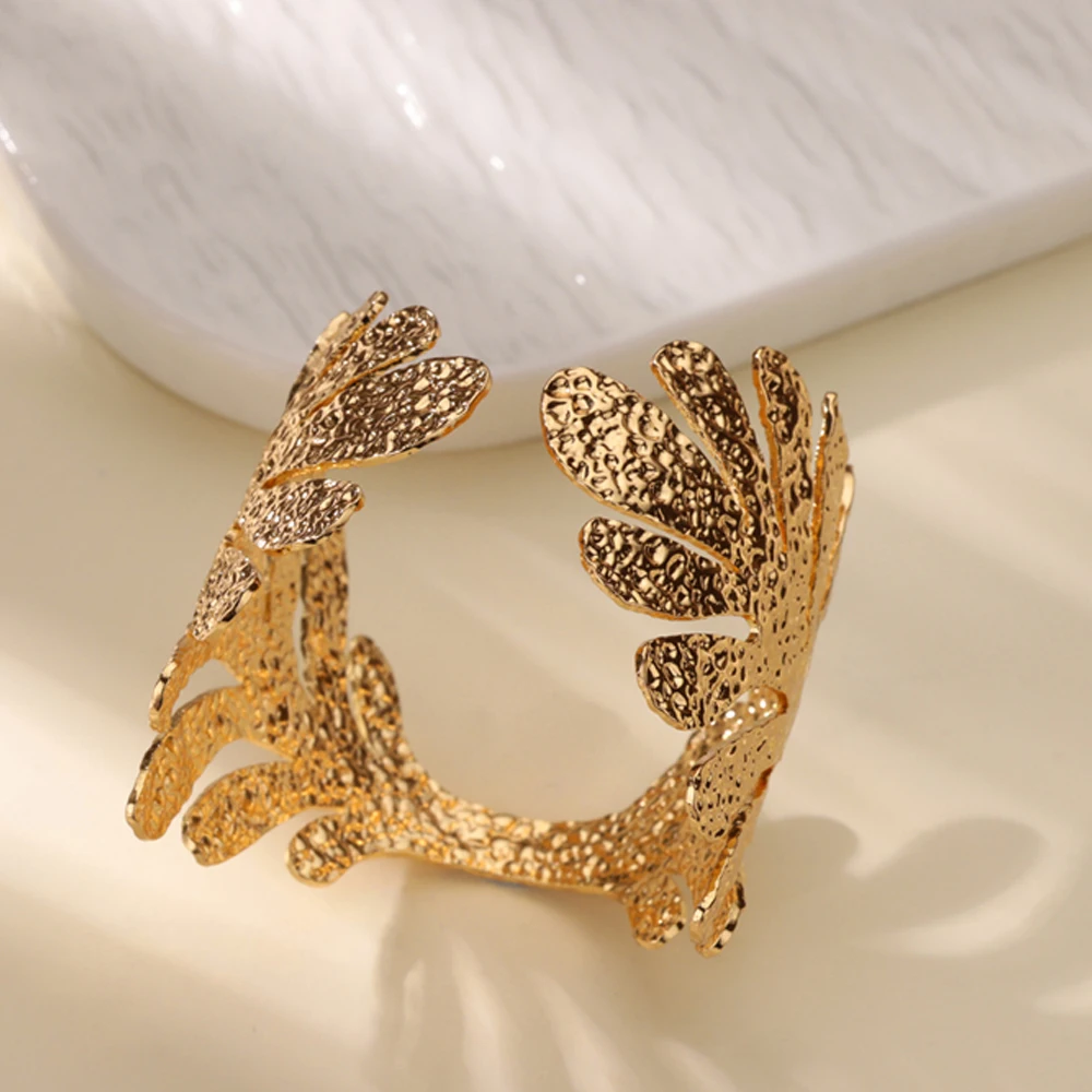 Gold Color Geometric Aesthetic Flower Leaf Bangle - Stainless Steel Bracelet