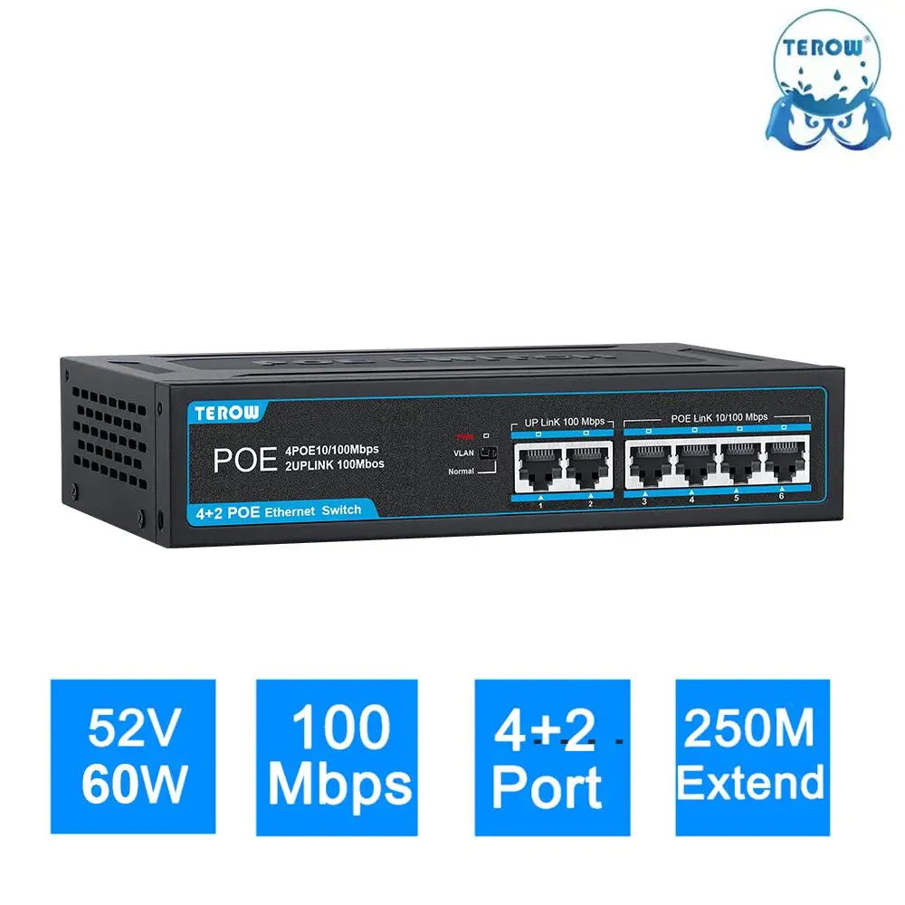 TEROW POE Switch 4 POE+2 UpLink 100Mbps Fast Ethernet Network 250M VLAN Isolation Series Power Connect for IP camera/Wireless AP