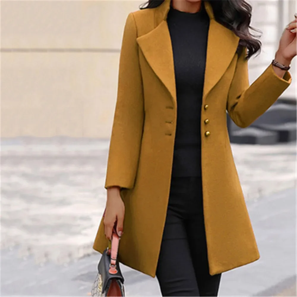 Fashion Women's Long Sleeve Wool Coat Suit Collar Solid Color Long Jacket Jacket Autumn Fashion Long Korean Cardigan Jacket