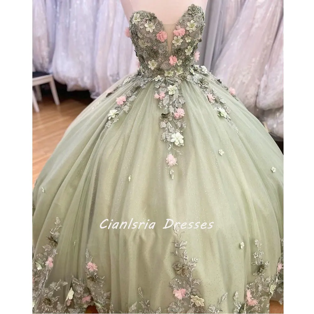 

Mint Green Sleeveless Pearls Mexican Quinceanera Dress Ball Gown Sweetheart 3D Flowers Appliques Lace Corset Vestidos De XV Anos