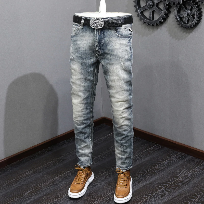 Italian Style Fashion Men Jeans Retro Gray Blue Stretch Slim Fit Ripped Jeans Men Vintage Designer Pants Hombre Elastic Trousers icclek fashion jeans new style ripped slim men s trousers and feet pants men skinny jeans mens pants oversized jeans