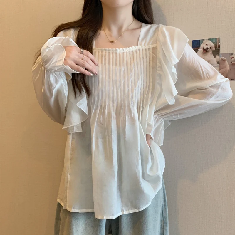 Spring Autumn New Solid Color Fashion Elegant Blouse Women Square Collar High Street Long Sleeve Pullovers Ruffles Pleated Tops