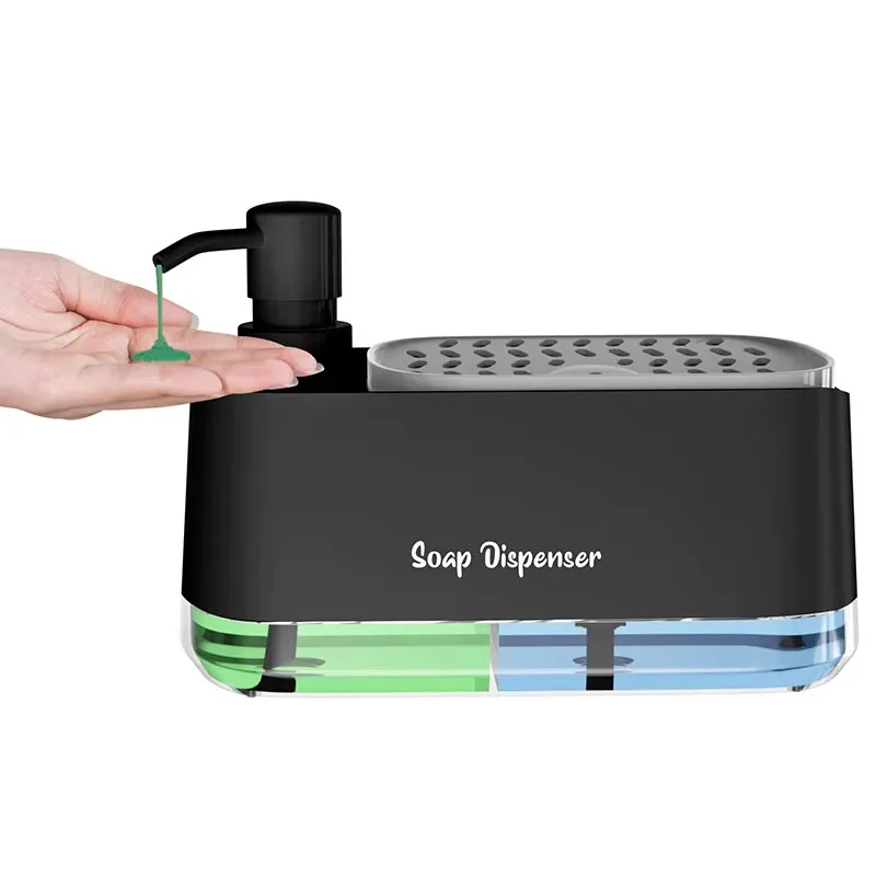 סט מתקן לסבון ידיים וכלים למטבח מתקן סבון כפול עם מחזיק ספוג חלוקת משאבת סבון משטח 3 ב-1