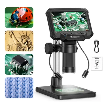 Digital Microscope with 4.3inch IPS Screen 1600X Coin Mirroscope with Lights 1920P HD Video Microscope for PCB, Coins, Plants