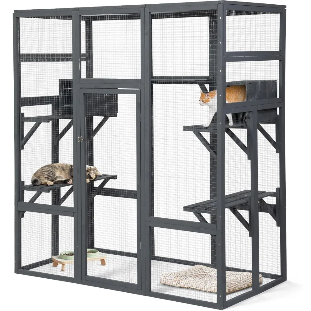 Cat House, Large Wooden Catio Outdoor Cat Enclosure Cage & Run Enclosures Indoor Kitty Window Catio with Waterproof Roof