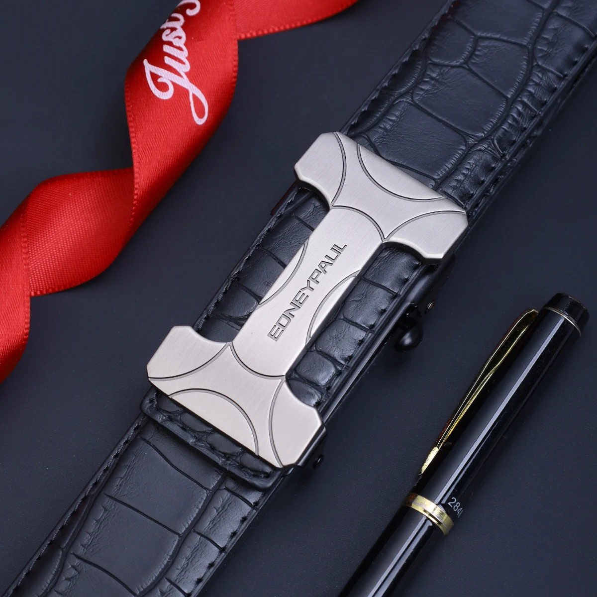 Men's Premium PU Leather Belt with Automatic Sliding Buckle - Business Style