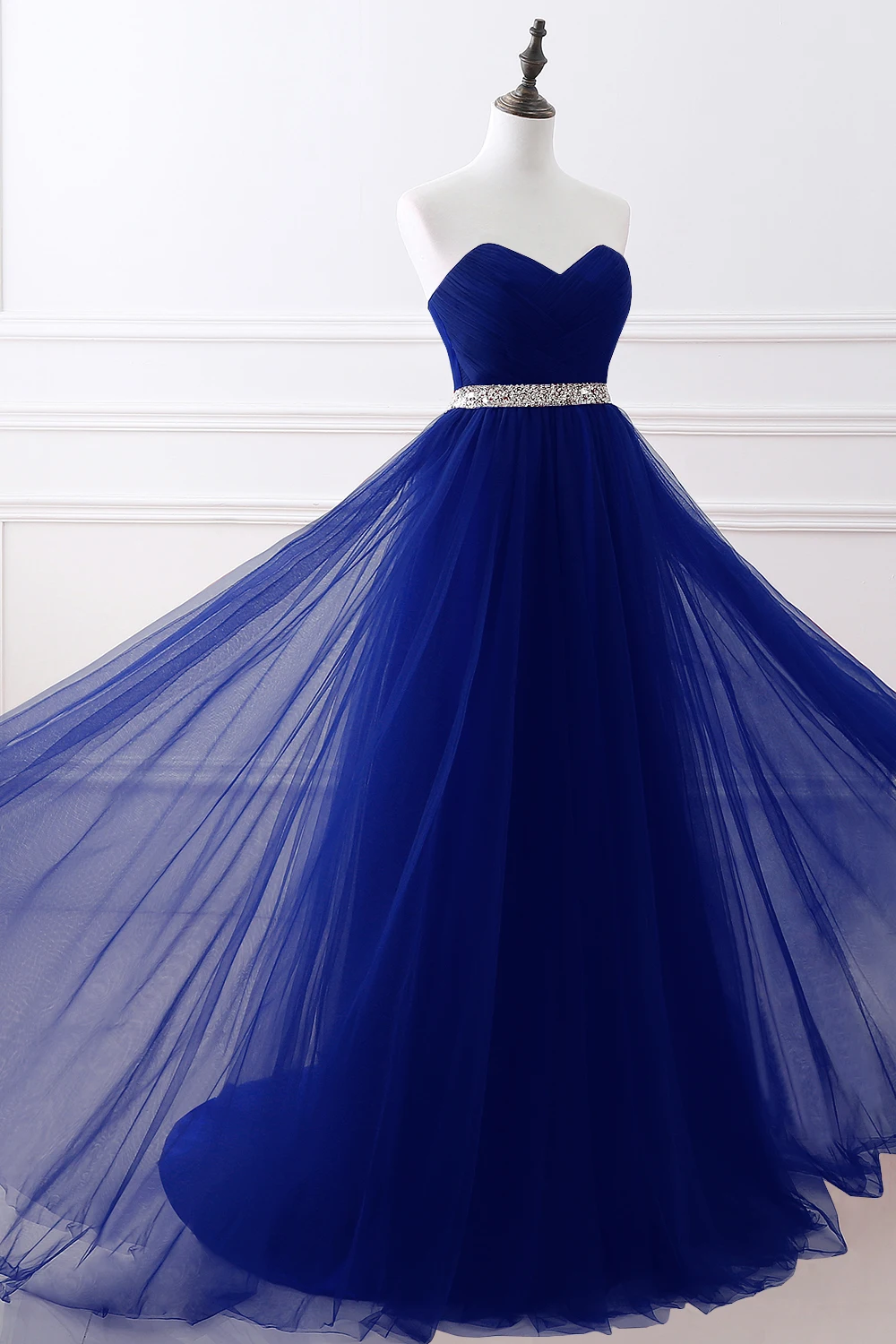A-line Strapless Tulle Royal Blue Evening Dresses Lace Up Crystal Sequin Formal Party For Bride Sexy Prom Gown Wedding Party 2