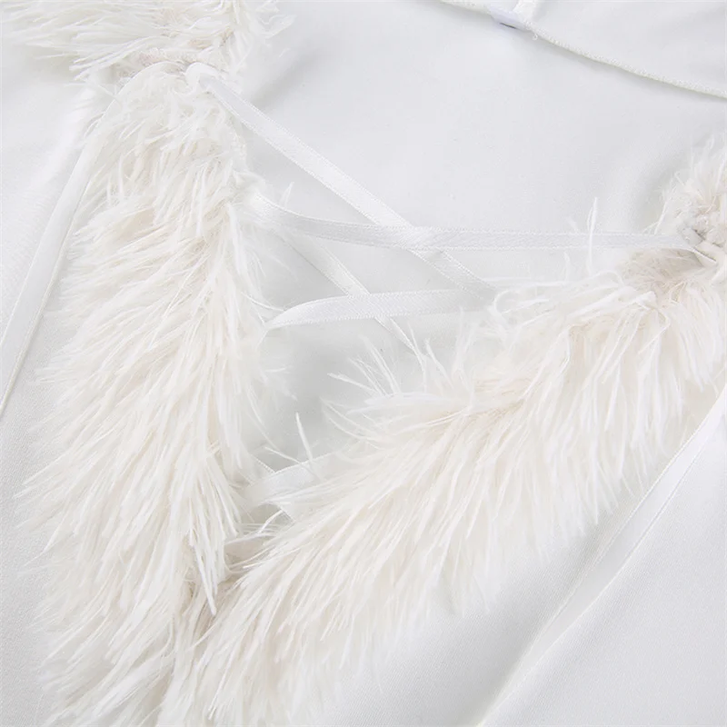 Women Plush Hem Splicing Frenulum V-neck Hooded Dress Winter Solid Color Long Sleeve Bodycon Dress for Female White 5