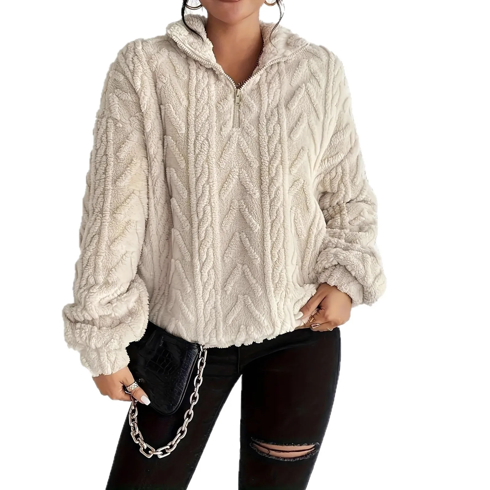 Women Autumn Winter Soft Fluffy Fleece Hooded Sweatshirt