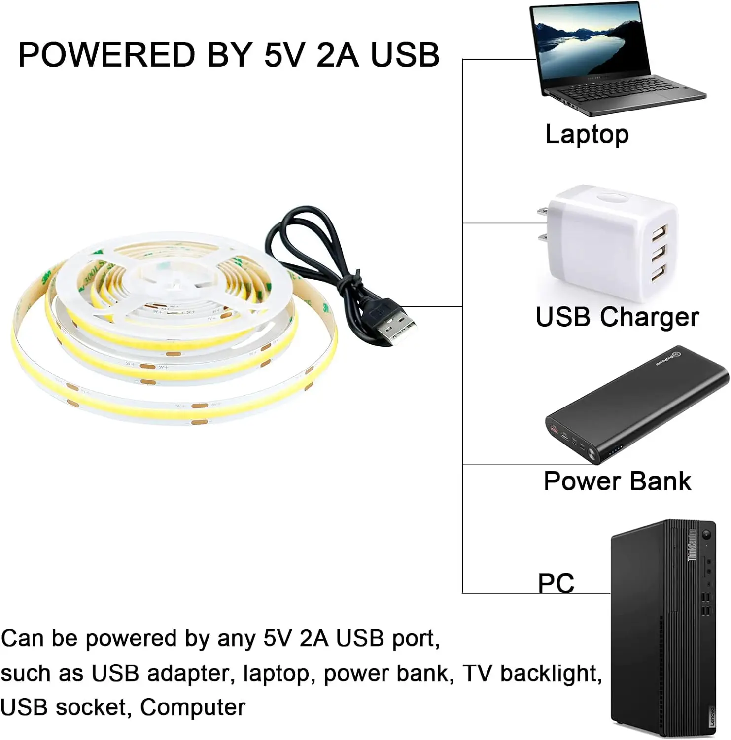 تيار مستمر 5 فولت USB LED COB قطاع أبيض دافئ أبيض...
