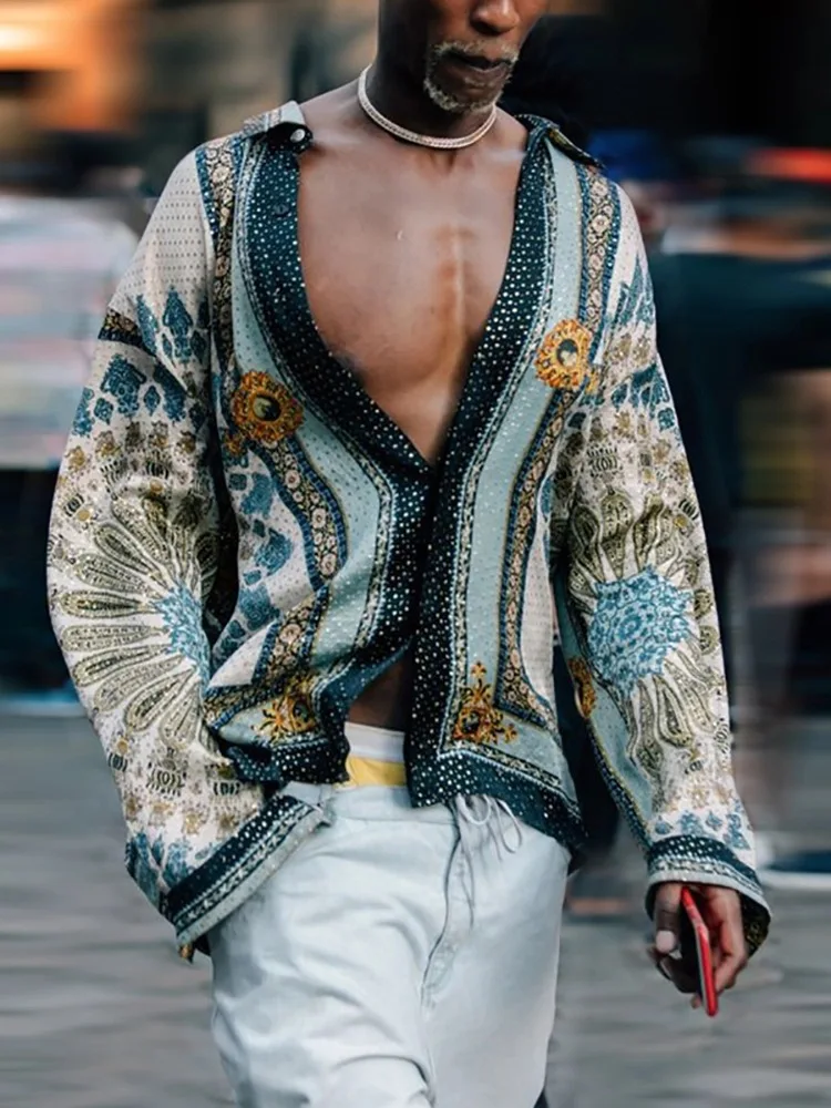 Spring and Autumn classic printed long sleeve Shirt Men's casual street long Sleeve T loose printed Top