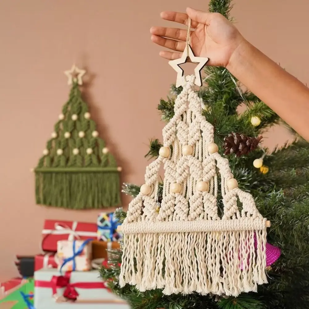 Boho Decor Woven Christmas Tree Macrame Tapestry Aesthetic Tassel Wall Hanging Pendant Decorative Art Cotton Rope Tapestry Hotel