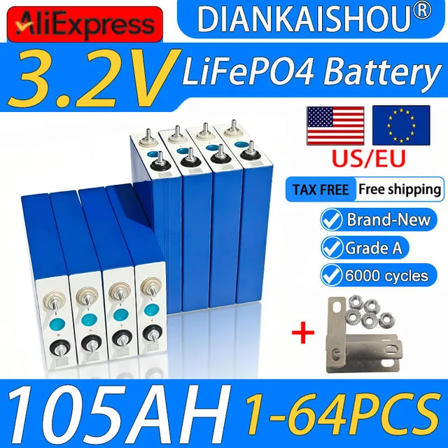 Batterie LiFePO4 3.2V 105Ah, pack de cellules Akku pour DIY 12V 24V 48V, camping-car, bateau, van, voiturette de golf, camping-car, stockage d'énergie solaire électrique 1