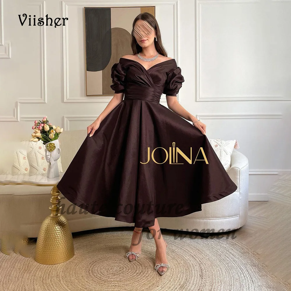 

Коричневые атласные вечерние платья а-силуэта с коротким рукавом и V-образным вырезом, арабское дубайское официальное платье, женское платье длиной ниже колена