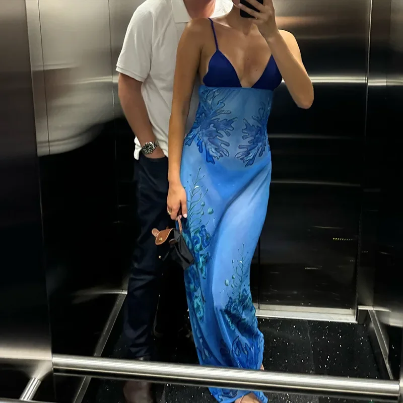 Blue Print Deep V Neck Backless Long Dresses 2024 Women Sexy Beach Maxi Dress Vacation Outfits C83-CG20
