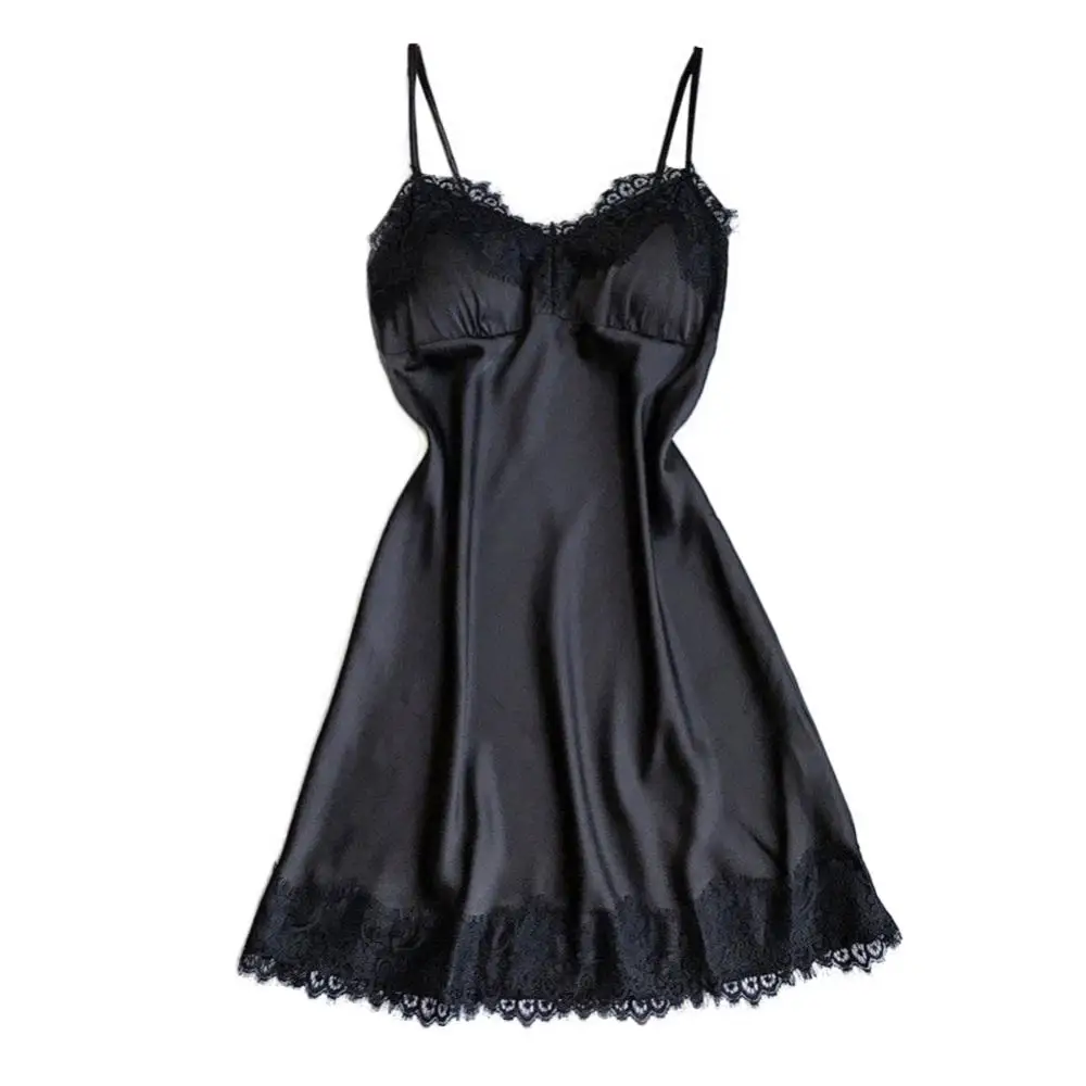 Women's Sexy Lingerie Summer Silk Night Gown Lace Patchwork Mini Night Dress Spaghetti Strap NO Chest Pad Sleepwear For Ladies