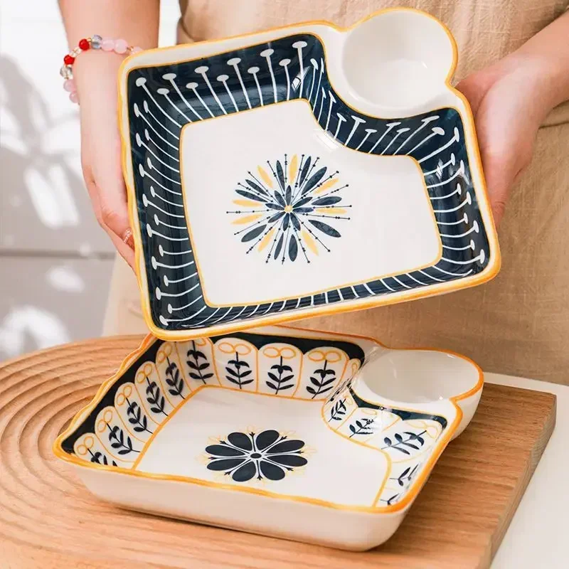 Dumpling Plate with Vinegar Dish Household Ceramic Plate Breakfast Compartment High-Grade Dumpling
