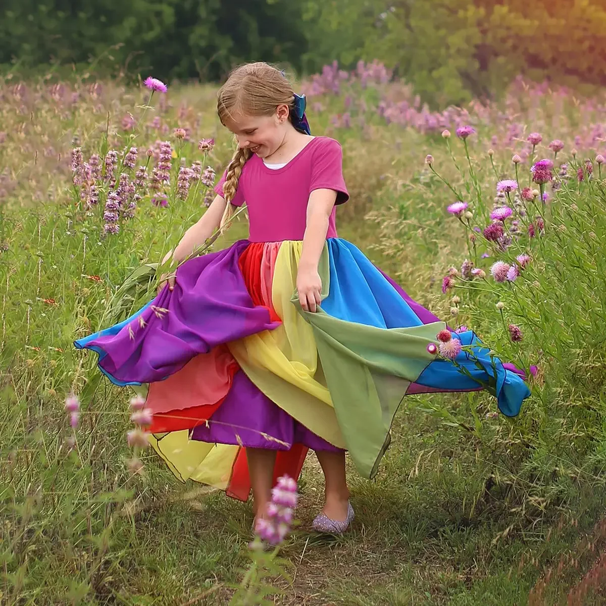 Kids Dresses for Girl Summer Children Clothes Girl Rainbow Print Princess 2-7 Year Toddler Baby Dress