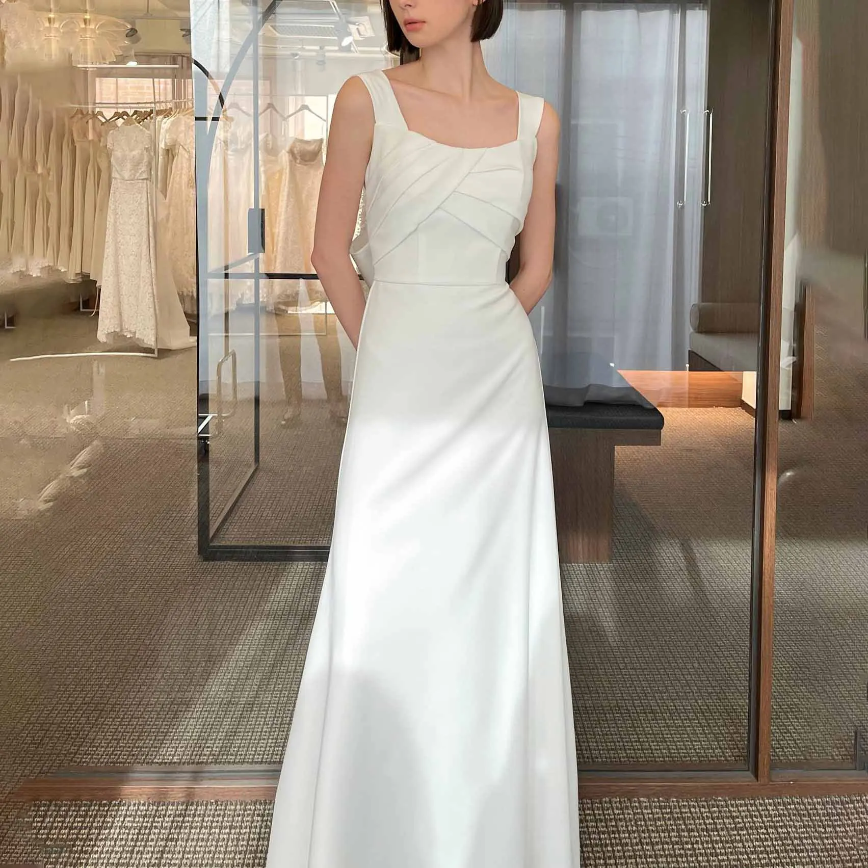 

OEING Square Collar Luxury Formal Evening Dresses White Pleat Sleeveless 프롬드레스 Floor Length Elegant Prom Growns Party Women