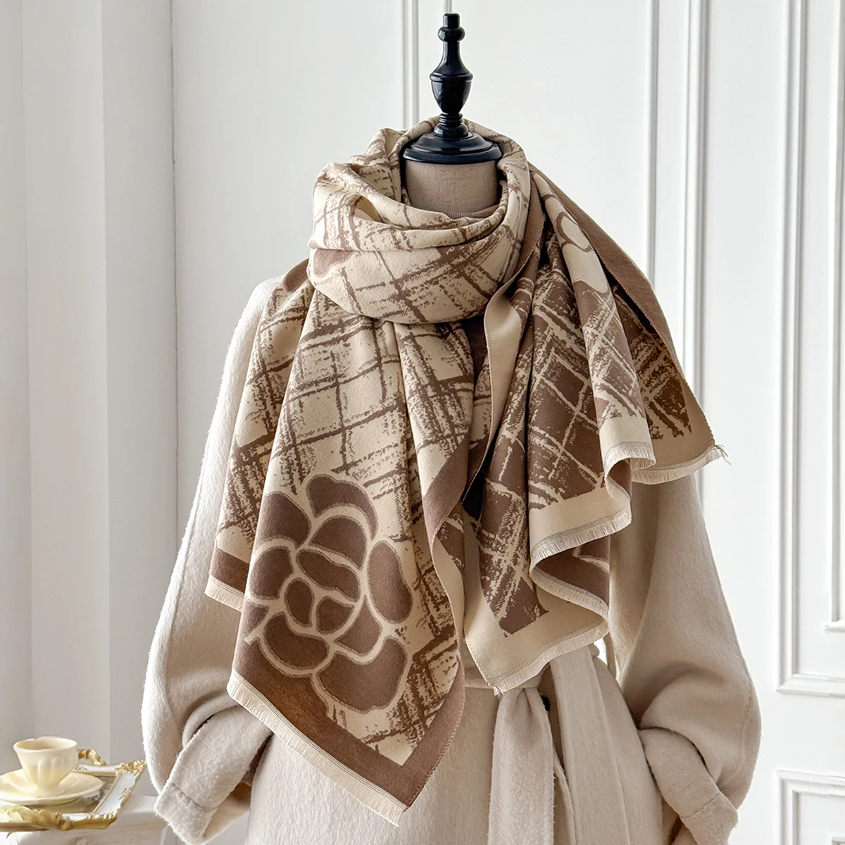 Brand Fashion Women's Winter Cashmere Wrap - Vintage Oil Painting Floral Printed Tasseled Pashmina Thick Shawl, Scarf & Echarpe